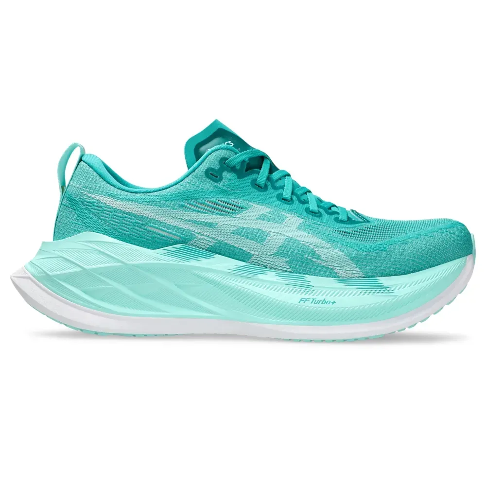 Tênis ASICS SUPERBLAST 2 verde-água vista lateral direita, cabedal em mesh respirável e entressola volumosa
